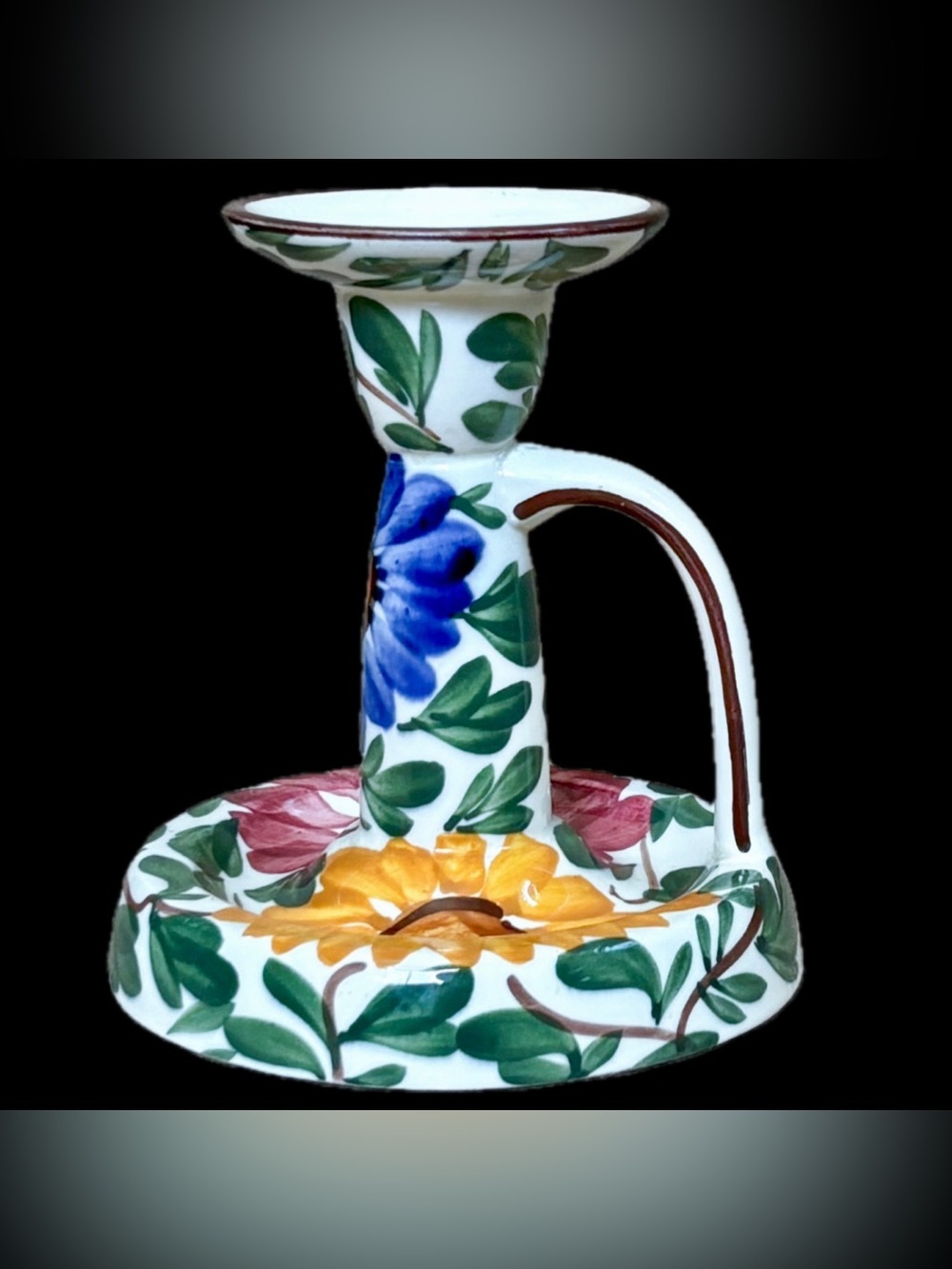 Vintage SMF Schramberger Germany Hand Painted Floral Chamberstick Candle Holder